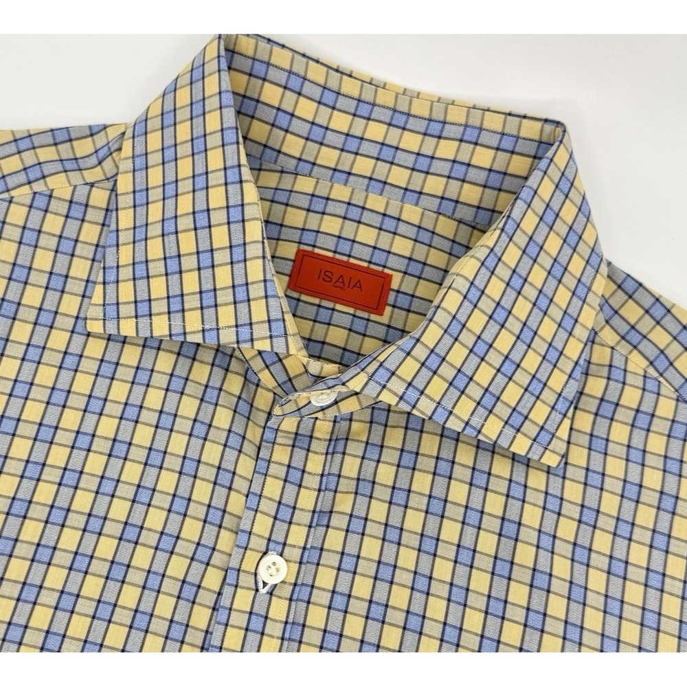 Isaia Napoli Dress Shirt Mens Medium 15.5 39 Blue Yellow Plaid Cotton Made Italy